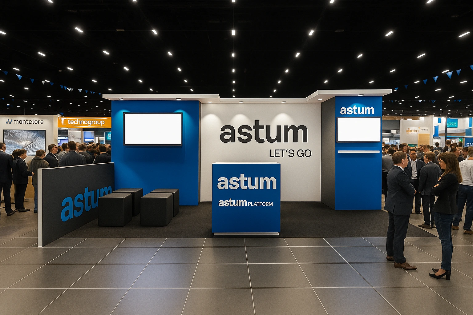 Astum trade show booth rental with modern blue and white design