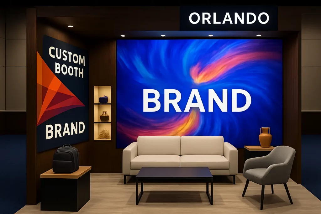Modern Orlando trade show booth with custom branding, large LED display, lounge seating, and sleek shelving for exhibits setup