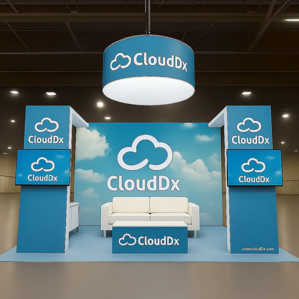 CloudDx trade show booth with blue branding, digital displays, and seating area
