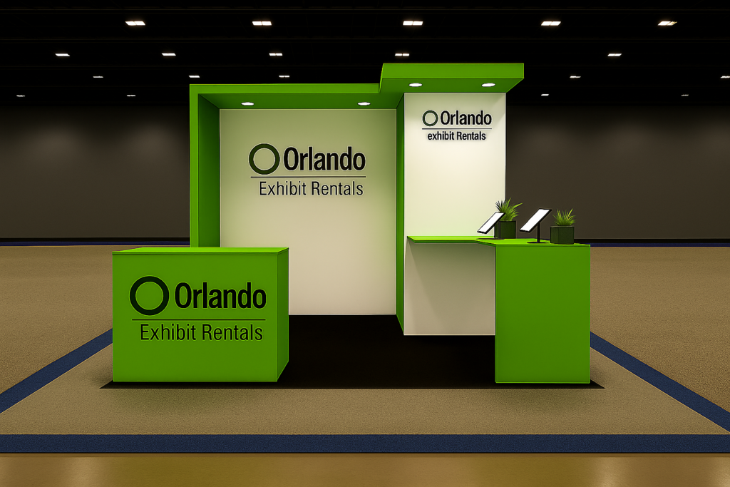 Green custom trade show booth by Orlando Exhibit Rentals featuring branded counters, reception desk, and modern backlit display structure.