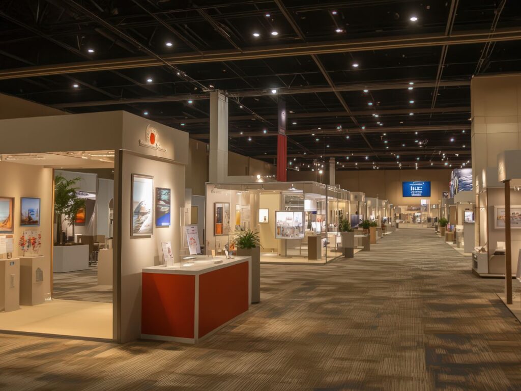 Modern trade show hall with custom exhibit booths, branded displays, lighting, and wide aisles at a professional expo event.