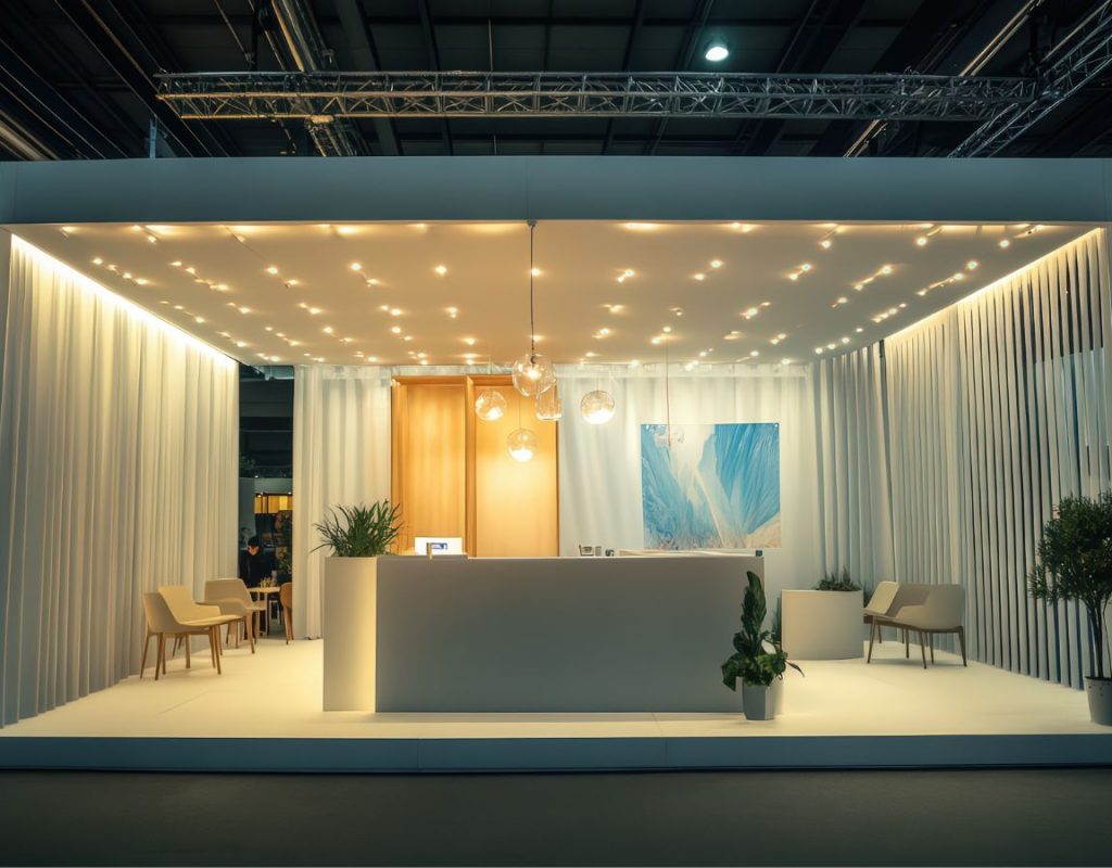 Modern trade show booth rental with reception counter, seating area, soft lighting, and clean minimalist exhibit design.